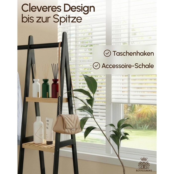 Вішалка для одягу, штанга для одягу, підставка для гардеробу, 44 x 110 x 160 см, шафа, полиця для взуття, відкрита шафа, 7 полиць, спальня, передпокій, бамбук, чорний