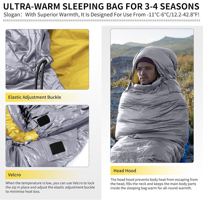 Спальний мішок Naturehike Мумія на 4 сезони, зимовий водовідштовхувальний, невеликий розмір у упаковці, підходить для використання на вулиці, в подорожах, наметах або в приміщенні, сірий, M