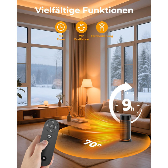 Енергозберігаючий вентилятор-обігрівач потужністю 2000 Вт, тихий керамічний швидкодіючий PTC-обігрівач з пультом дистанційного керування, таймером, функцією повороту на 70, світлодіодним дисплеєм для використання в офісі, спальні, ванній кімнаті, вдома, ч