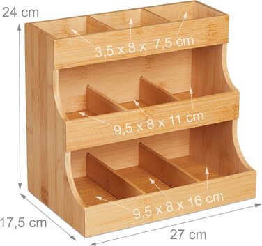 Органайзер для чаю Relaxdays, 9 відділень, виготовлений з бамбука, HBT 24 x 27 x 17,5 см, для чаю та кави в капсулах, вертикальна підставка для чаю, білий/натуральний
