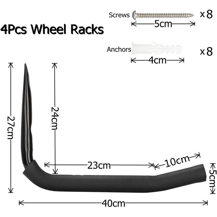 И міцних гачків для гаражних коліс, настінний кронштейн 40 см, вантажопідйомність 45 кг (27 см x 40 см) 27 см x 40 см Чорний, 4 шт.
