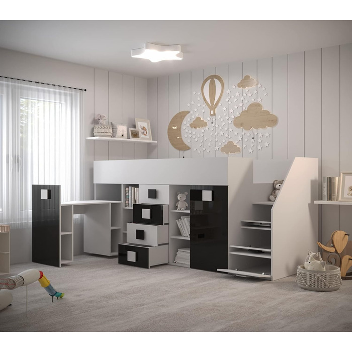 Двоярусне ліжко для дітей, підлітків з місцем для зберігання - Двоярусне ліжко з письмовим столом, шафою, полицею, шухлядами, сход