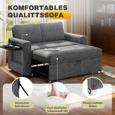 Диван YOUDENOVA з функцією сну, Розкладний диван з 5-позиційною регульованою спинкою, Диван-ліжко зі столиком та бічною кишенею, 2-місний диван-ліжко 177x135 см, Вельветово-сірий