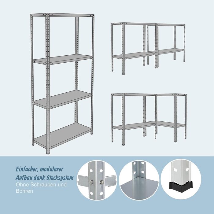 Стелаж для зберігання Relaxdays, сталь, ВШХ 145x75x30 см, до 160 кг, 4 полиці, для підвалу, гаража та майстерні, надміцний стелаж, сріблястий