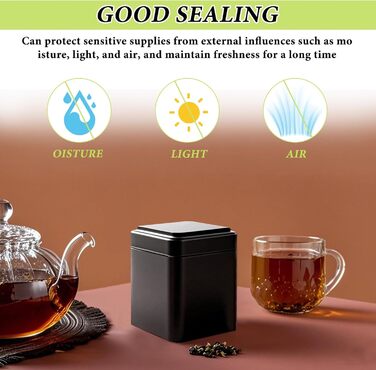 Класичних квадратних чайних банок, 7 x 7 x 8,5 см, металеві чайні баночки для розсипного чаю, включаючи 20 етикеток Чорні банки для зберігання, також ідеально підходять як банки для борошна або спецій (10), 10