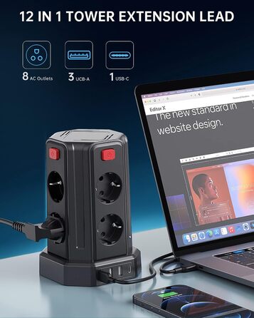 Подовжувач з 4 USB, Sameriver 8 відсіків з декількома розетками, захист від перенапруги, розетка з вимикачем, подовжувач 3M, розет