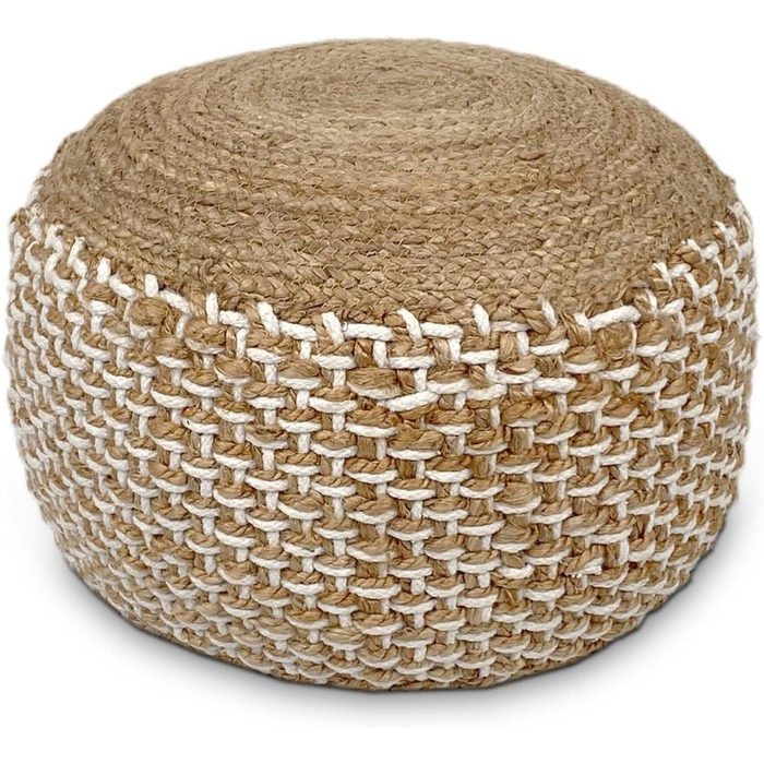 Пуф з натурального/білого джуту, круглий, 50 x В 35 см, декоративний табурет, подушка на підлогу, пуф для ніг, білий/натуральний джут