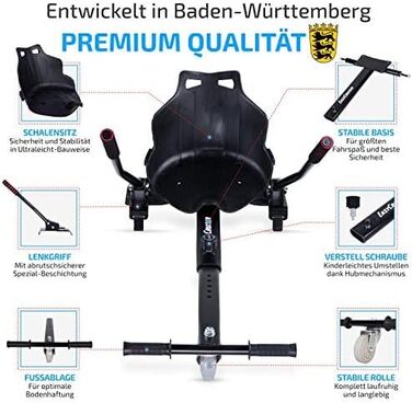 Оригінальне сидіння для ховерборда – сумісне з 98% усіх ховербордів 6,5–10 дюймів, якісний німецький бренд, ховеркарт чорного кольору для дітей