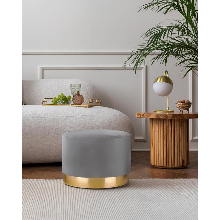 Оксамитовий пуф/туалетний стілець різних розмірів і кольорів із золотою обробкою для вітальні, спальні або гардеробної, великий круглий, колір сірий 300 сірий
