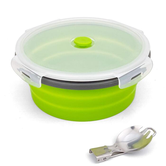 Кругла складна кемпінгова миска об&39ємом 1200 мл, силіконовий контейнер для зберігання їжі, силіконова миска з кришкою та складною ложкою 2-в-1, придатна для використання в морозильній камері та мікрохвильовій печі, зелена.