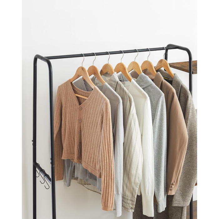 Вішалка для одягу, шафа-підставка, 45 x 120 x 160 см Шафа з рейкою для одягу, полиця для взуття, відкрита шафа, 6 знімних гачків, спальня, коридор, вінтажний коричнево-чорний RGR116B01 Рустикально-коричневий чорний