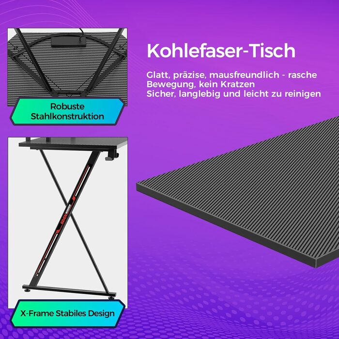 Ігровий стіл SEVEN WARRIOR L-подібної форми, ігровий стіл з розеткою, світлодіодне освітлення, підставка для монітора та 2 гачки, кутовий стіл з карбоновою поверхнею, комп&39ютерний стіл для спальні (127 x 127 см) 127 см