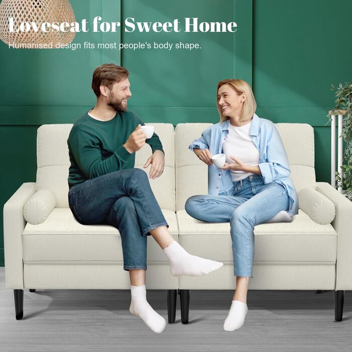 Місний диван, невелика кушетка з 2 подушками та підлокітниками, лляний диван у стилі середини століття для вітальні, спальні, бежевий кремовий колір, 2-