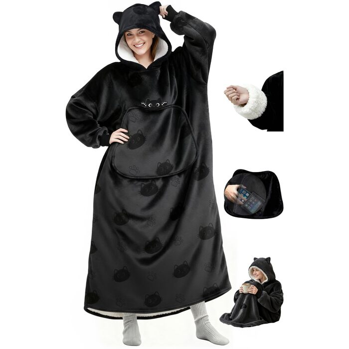 Ковдра Mewaii з рукавами, м&39яка фланелева ковдра з худі з шерпи для жінок та чоловіків, ідеально підходить для дому, подорожей та любителів домашніх тварин, світло-чорна