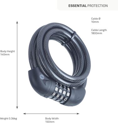 Замок тросовий комбінований Essential Security, Schwarz Basic надійний захист з кодовим замком, 140 мм
