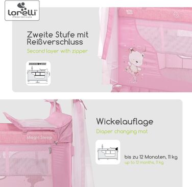 Дитяче ліжечко та манеж Lorelli 3-в-1, ліжко-балдахін Magic Sleep з 2 рівнями, ліжечко від народження, дитяче дорожнє ліжечко, пеленальний килимок, колеса, сумка, рожевий