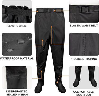 Чоловічі водонепроникні вейдерси Night Cat дихаючі вейдерси з черевиками для риболовлі, каное, каякінгу, роботи на річці, походів вздовж струмка, розмір 46, чорні