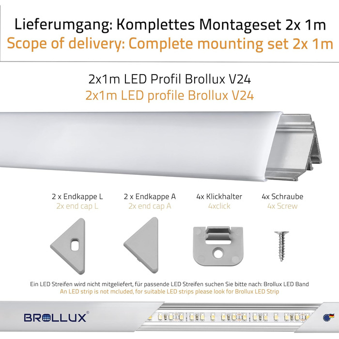 Світлодіодний кутовий профіль Brollux V24, комплект 5м (5x1м) Світлодіодний алюмінієвий профіль 45 градусів кутовий алюміній для світлодіодів Стрічка Світлова стрічка без лампочки (профіль 2x1 м з аксесуарами)