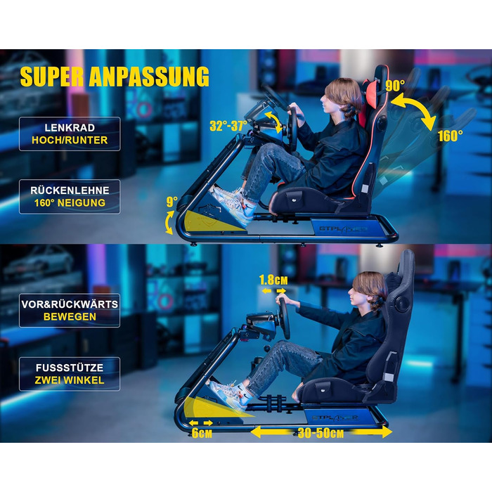 Підставка для керма для симулятора гонок з динаміками, кермом та лотком для педалей, чорний