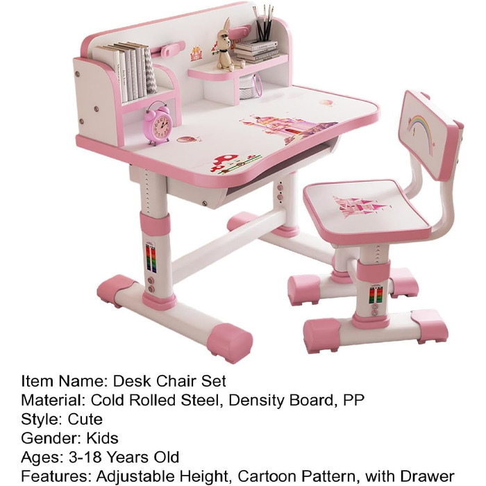 Дитячий функціональний комплект столу та стільця, регульований по висоті, для дітей, школи та навчання, комплект столу та стільця з мультяшним візерунком, ергономічний стілець з великою письмовою дошкою, книжковою полицею та