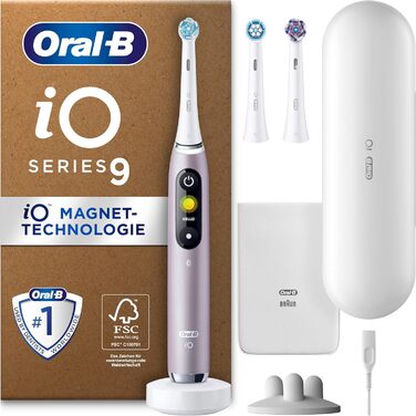 Електрична зубна щітка/електрична зубна щітка Oral-B iO Series 9 Plus Edition, ПЛЮС 3 щітки з відбілюванням, магнітний футляр, 7 режимів чищення, упаковка, що підлягає переробці, подарунок чоловікові/жінці, троянда троянда (КАРТОННА УПАКОВКА)