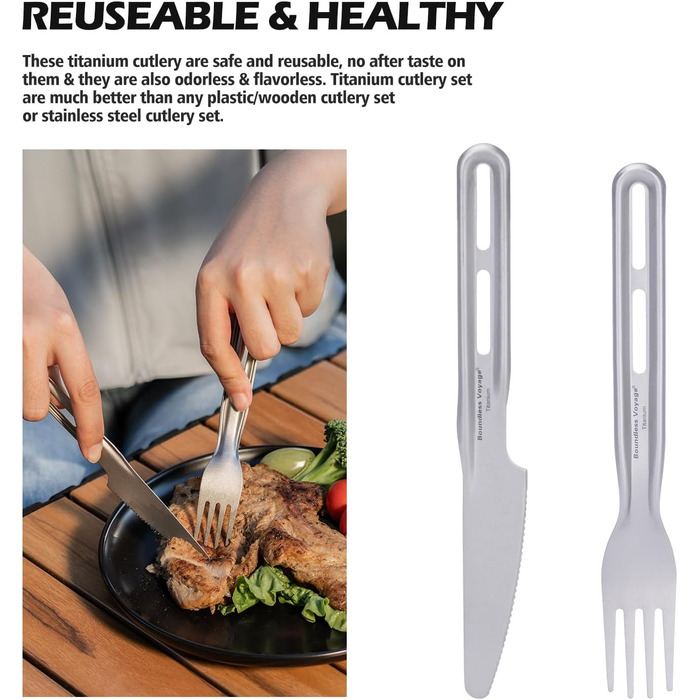 Титанові кемпінгові аксесуари Boundless Voyage, ніж, ложка, виделка, набір паличок для їжі, надлегкий набір столових приборів для супу, їжі, салату, пасти (ti1125t-d)
