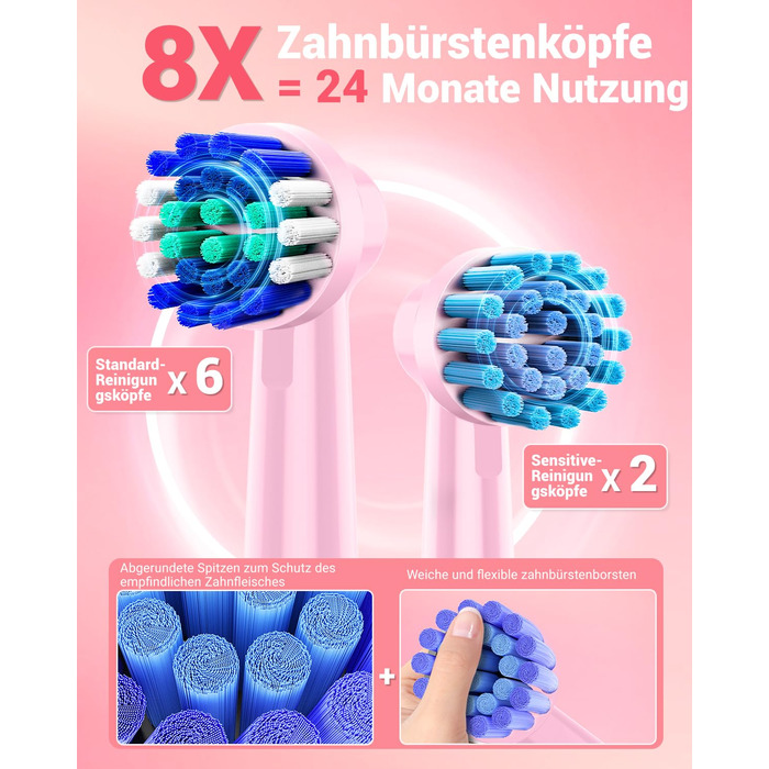 Обертова електрична зубна щітка для дорослих та дітей з 8 насадками, електрична зубна щітка з настінним тримачем та зарядною станцією, 5 режимів чищення та дорожній футляр, 60 днів роботи від акумулятора (Рожева)