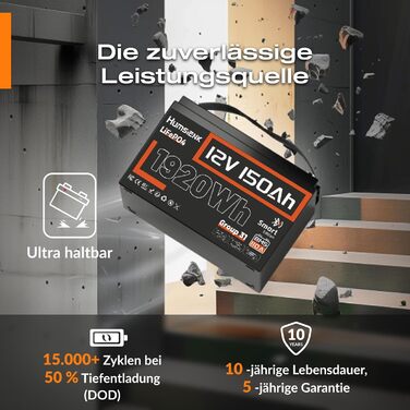 Акумулятор Humsienk 12V 150Ah LiFePO4 з Bluetooth, 110A BMS 1920Wh глибокого циклу літієвої батареї, захист від низьких температур, ідеально підходить для автофургонів, тролінгових моторів, яхт, човнів 12V 150AH-Bluetooth