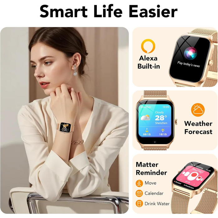 Жіночий смарт-годинник із функцією телефону, 1,85-дюймовий HD-дисплей із пульсом/SpO2/монітором сну/крокоміром, понад 120 спортивних режимів, фітнес-трекер IP68, сумісний з iOS та Android, золотистий та світло-рожевий