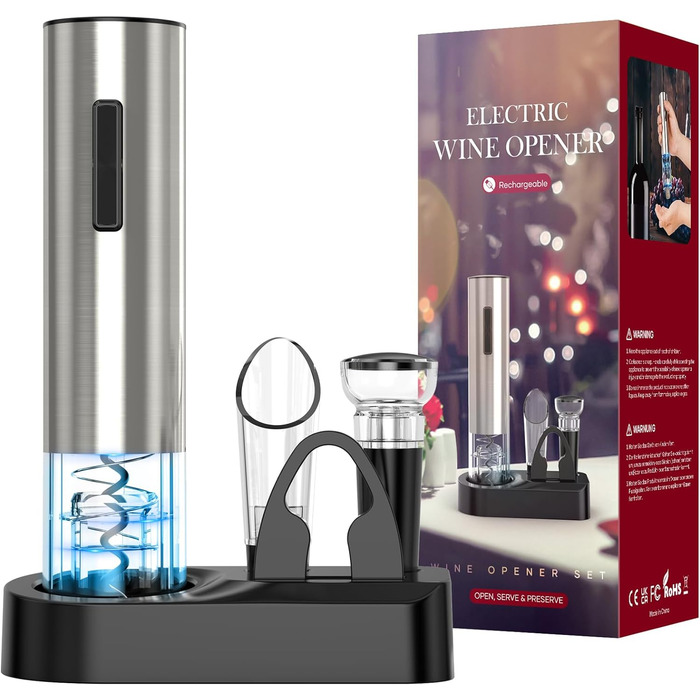 Електрична відкривачка для вина Crenova 6-в-1, акумуляторна автоматична відкривачка винних пляшок з винним насосом, аератором для вина, різаком для винної фольги та USB-кабелем для зарядки