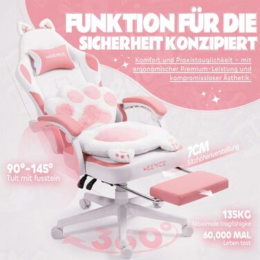 Рожеве миле ігрове крісло з котячою тканиною з поперековою подушкою у формі котячої лапи та котячими вушками, ігрове крісло з підставкою для ніг, ергономічне ПК-крісло для дітей, дорослих та дівчаток, вантажопідйомність 140 кг, рожеве, біле