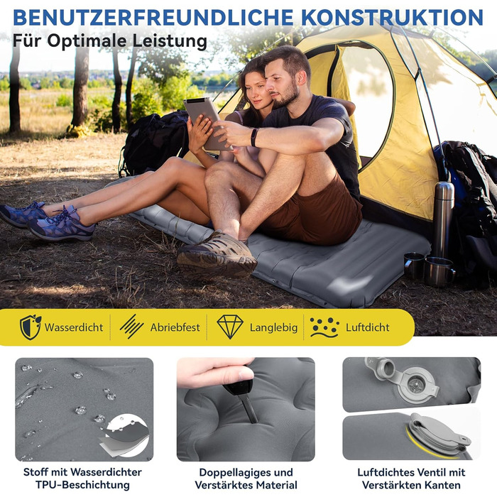 Килимок для сну HIKENTURE, 13 см ультратовстий кемпінговий килимок для сну з подушкою, надувний повітряний матрац, невеликий розмір упаковки, ультралегкий килимок для сну з ножним насосом для використання на свіжому повітрі, для походів, для намету, сірий