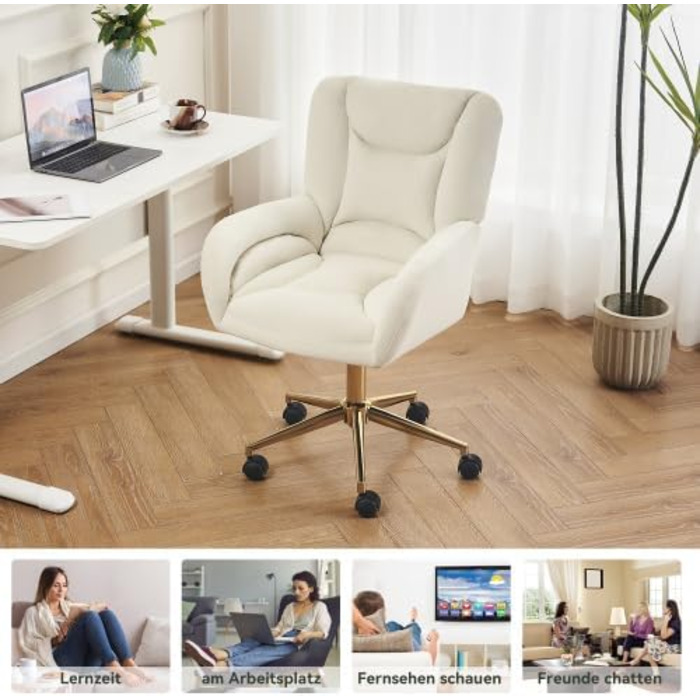 Бежеве робоче крісло з підголівником регульоване по висоті обертове крісло з велюрової тканини, крісло для домашнього офісу з підлокітниками та золотими ніжками, легке складання