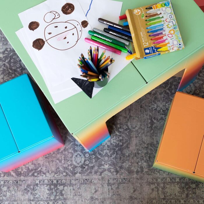 Дитячий комплект сидіння 60 x 60 x 55 см з картону, складаний дитячий стіл зі стільцями, комплект дитячих меблів 1 стіл та 4 дитячі стільці - Дитячий комплект сидіння &quotВеселка&quot