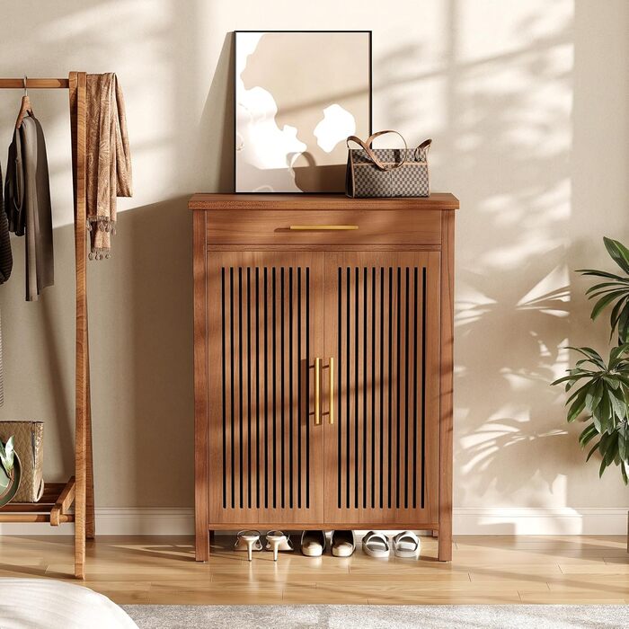 Вузька 5-ярусна взуттєва шафа Tribesigns з рейковими дверцятами та шухлядою Регульована дерев&39яна взуттєва полиця для передпокою, коридору та гардеробу 80 x 36 x 110 см, Коричневий