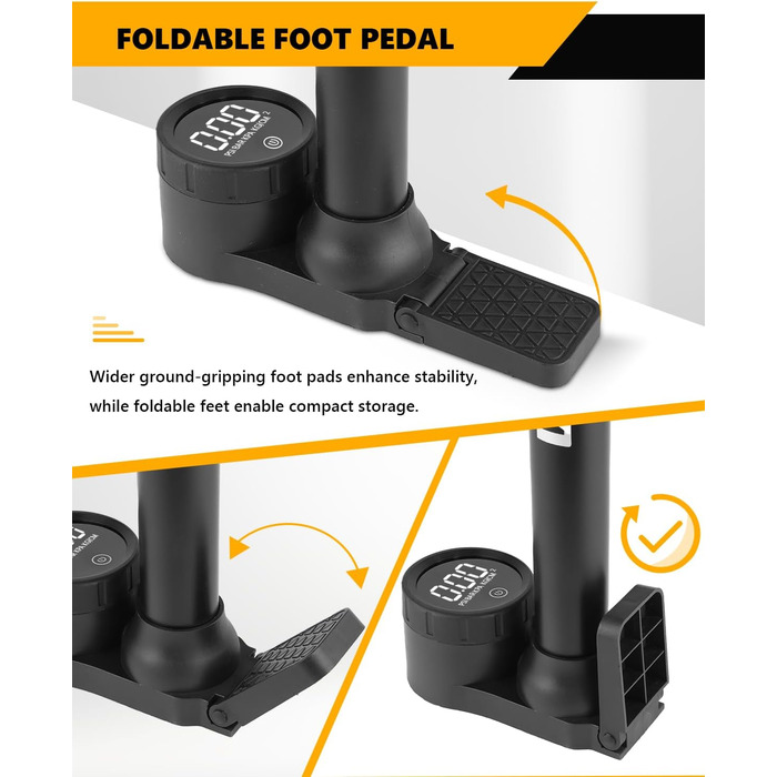 Велосипедний насос VOGORA, підлоговий, 16.5 дюймів (~42 см), 11 бар / 160 PSI, інтегрований циліндр (сталь), чорний