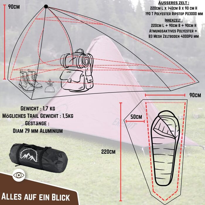 Намети GOALPINE для 1 та 2 дорослих Водонепроникність 4000 мм Маленький розмір у упаковці Для піших прогулянок, альпінізму та велотуризму Ультралегкі 3-4 сезони Швидке встановлення 1P Eremit - Коричневий