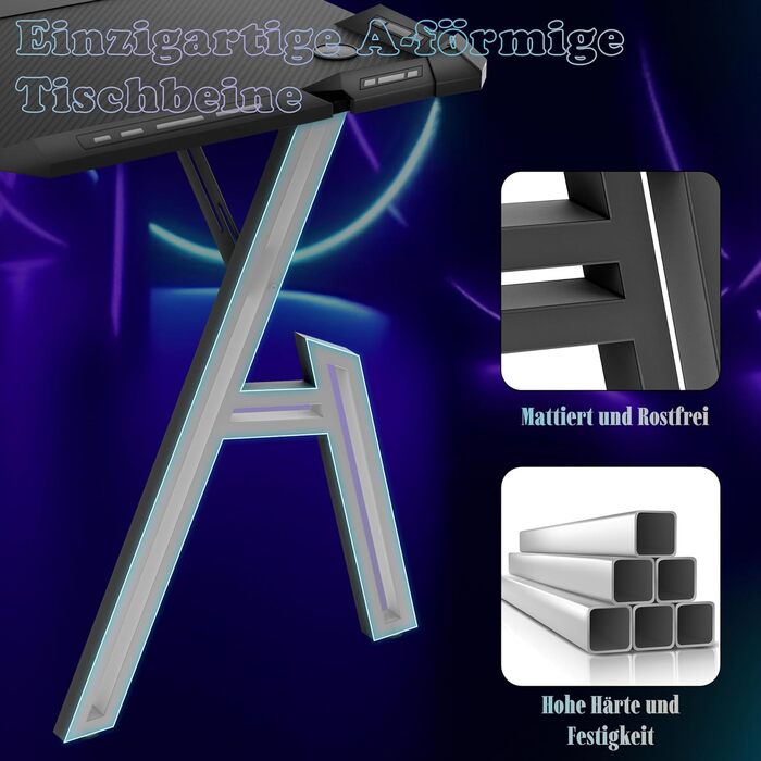 Ігровий стіл 120x60 см Ігровий стіл зі світлодіодним освітленням Комп&39ютерний стіл з карбоновою поверхнею Офісний стіл ПК з гачком для навушників та тримачем для напоїв, чорний 120 см