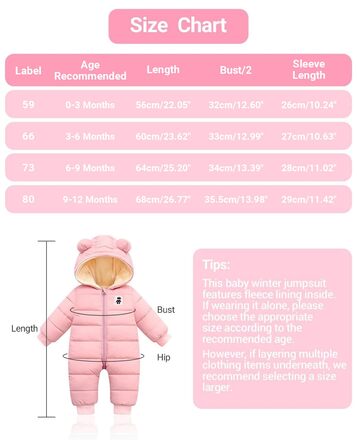 Дитячий зимовий комбінезон з капюшоном, зимовий комбінезон для хлопчиків та дівчаток, комбінезон з довгими рукавами, теплий одяг, подарунок, 9-12 місяців (), рожевий