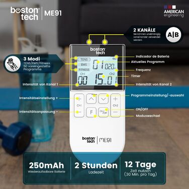 Пристрій для стимуляції болю Boston Tech Tens Device - Сертифікований медичний пристрій для стимуляції струму з 50 програмами та 16 рівнями інтенсивності - Акумуляторний EMS-пристрій 3в1 для розслаблення м'язів