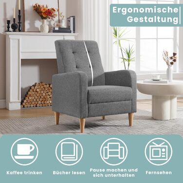 Крісло-підлокітник WOLTU з підлокітниками, ніжки з масиву дерева, підходить для вітальні, спальні або балкону, сучасне, лляний чохол, темно-сірий