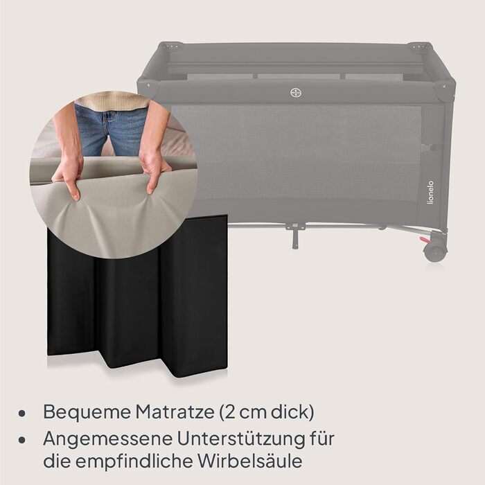 Дорожнє ліжечко Lionelo Ellen 3-в-1 для дітей від 0 до 3 років, приліжкове ліжечко для новонароджених та дітей старшого віку до 15 кг, 2 рівні висоти матраца, ремені кріплення, бічна блискавка, 2 колеса, сумка, чорний колір