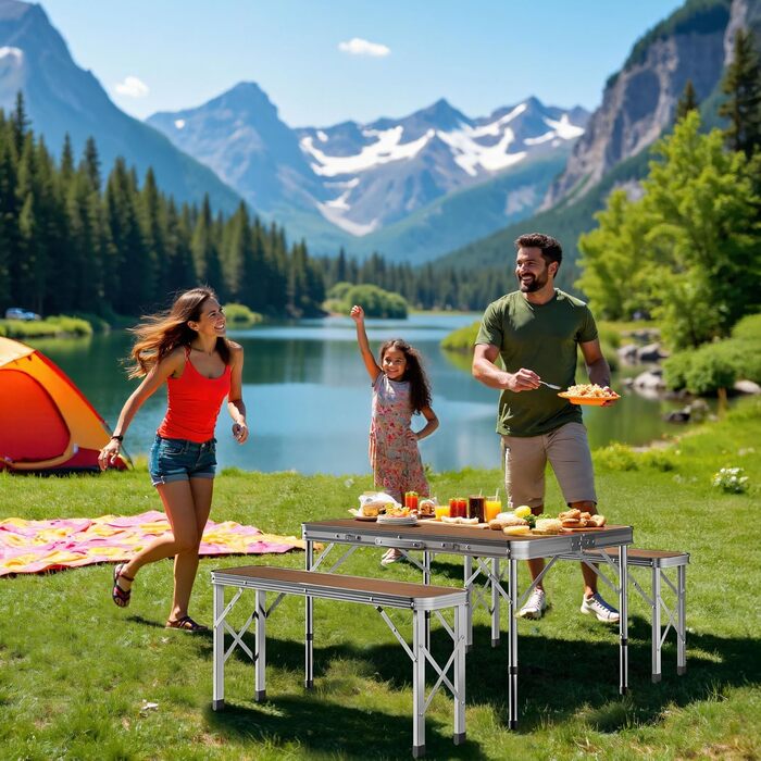 Стіл-валіза Wiltec з 2 лавками, дерев&39яний дизайн, алюміній, 90x66x70 см, розкладний кемпінговий стіл, група сидінь, кемпінгові меблі, вуличний кемпінговий стіл, складаний, 90 x 66 x 70 см