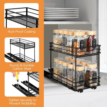 Розсувна підставка для спецій VINATO з 2 ярусами Кухонний органайзер з роликовими рейками, підставка для спецій для шафи, підставка для спецій без свердління (26x15x21,8 см) 26*15*21,8 см