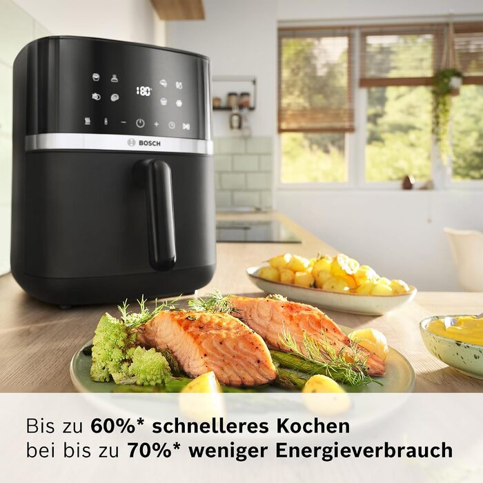 Аерофритюрниця Bosch Serie 4 XL, чорна, об'єм 6,1 л, 7 попередніх налаштувань, функції розморожування та підігріву, сенсорний екран, прискорене приготування до 60, MAF462B0