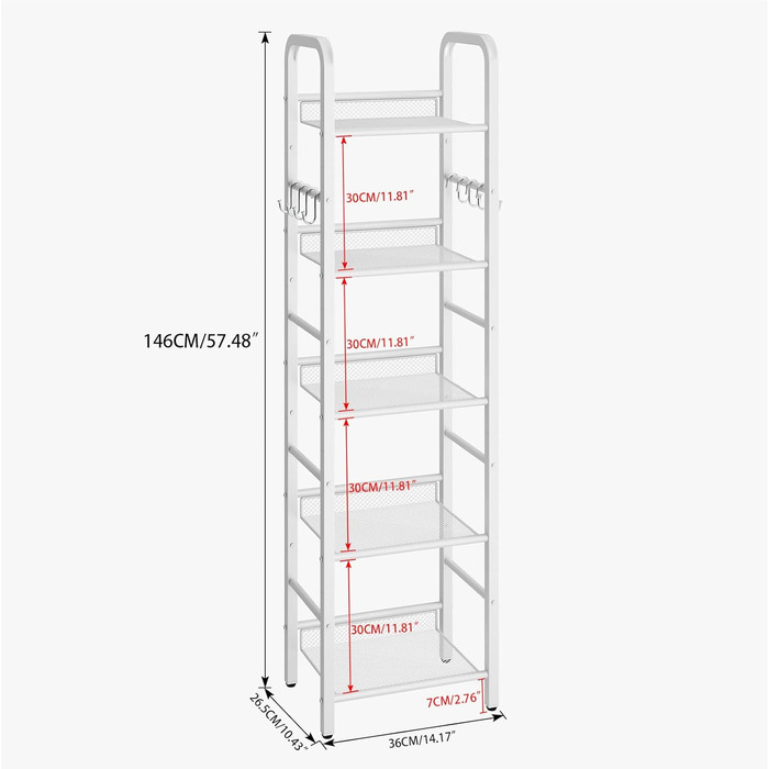 Окремостояча полиця, книжкова полиця, полиця для зберігання з 5 рівнями, 8 S-подібних гачків, металевий каркас, мінімалістичний стиль, органайзер для вітальні, домашнього офісу, спальні, ванної кімнати, білий HBC055W 146 см білий