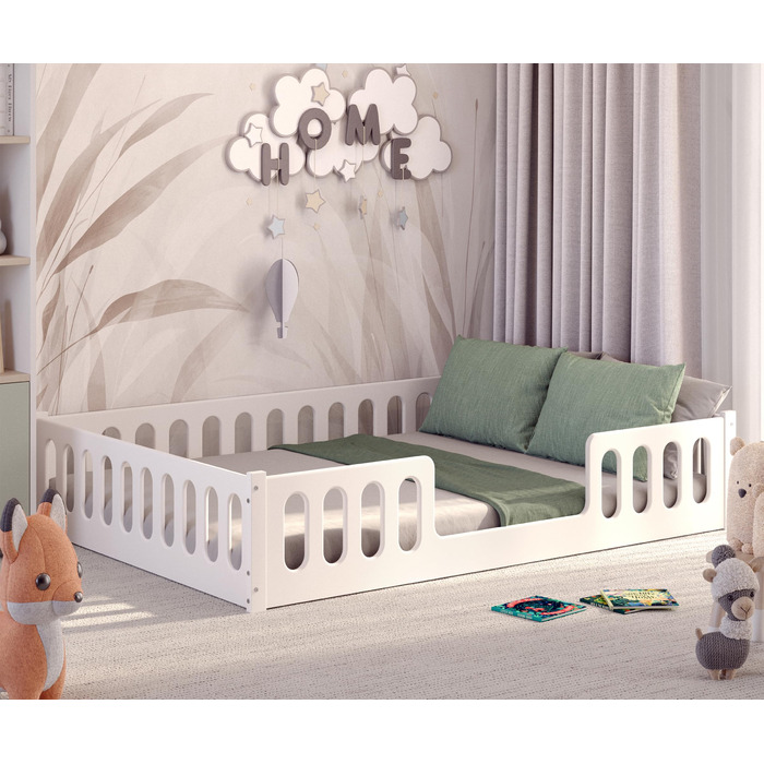 Дитяче ліжко 2-в-1 на підлозі 140x200 см Монтессорі зі знімними захисними поручнями - Біле, 46 кг, Вантажопідйомність до 200 кг, Надміцна згортається рейкова основа, Трансформоване 140 x 200 см Біле - 1 центральний вхід