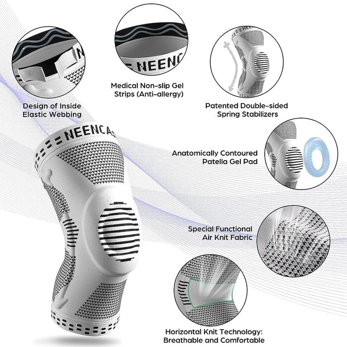 Бандаж для колінного суглоба NEENCA, Стиснений бандаж для колінного суглоба з подушечками Patea Ge та пружинними бічними стабілізаторами, Медичний наколінник для, Розрив меніска, Артрит, Полегшення болю, Підйом змінного струму (сірий, S)