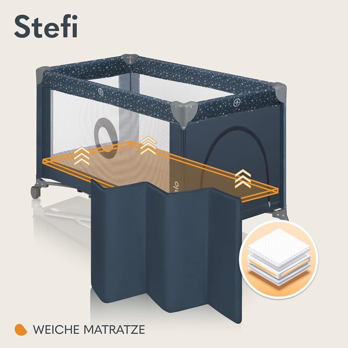 Дитяче ліжечко Lionelo Stefi, дорожнє ліжечко від народження до 15 кг, бічний вхід, система безпеки LockGuard, блокування коліс, сумка для перенесення, складне, синьо-сіре