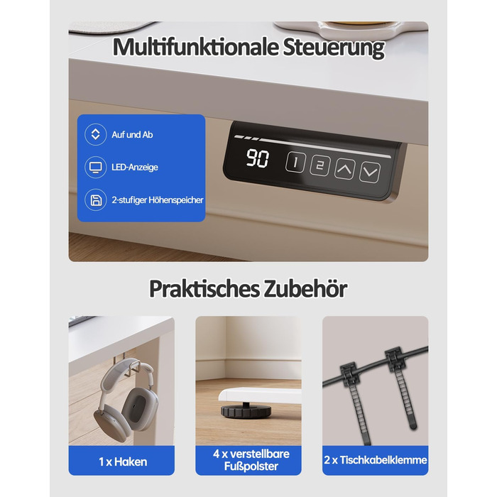 Письмовий стіл Devoko з регульованою висотою, стіл з електричним регулюванням висоти, офісний стіл для роботи сидячи та стоячи, комп&39ютерний стіл з функцією пам&39яті, стіл для роботи стоячи, офісний стіл, 120 x 60 см, білий